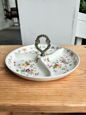 Floral Porcelain Divided Serving Tray with Metal Handle - White-Made in Japan